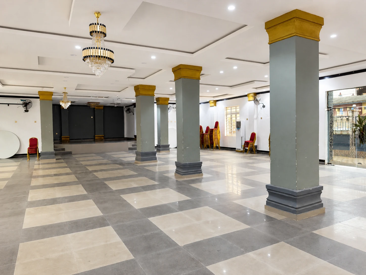 Arcadia Event Centre stage framed by hall columns