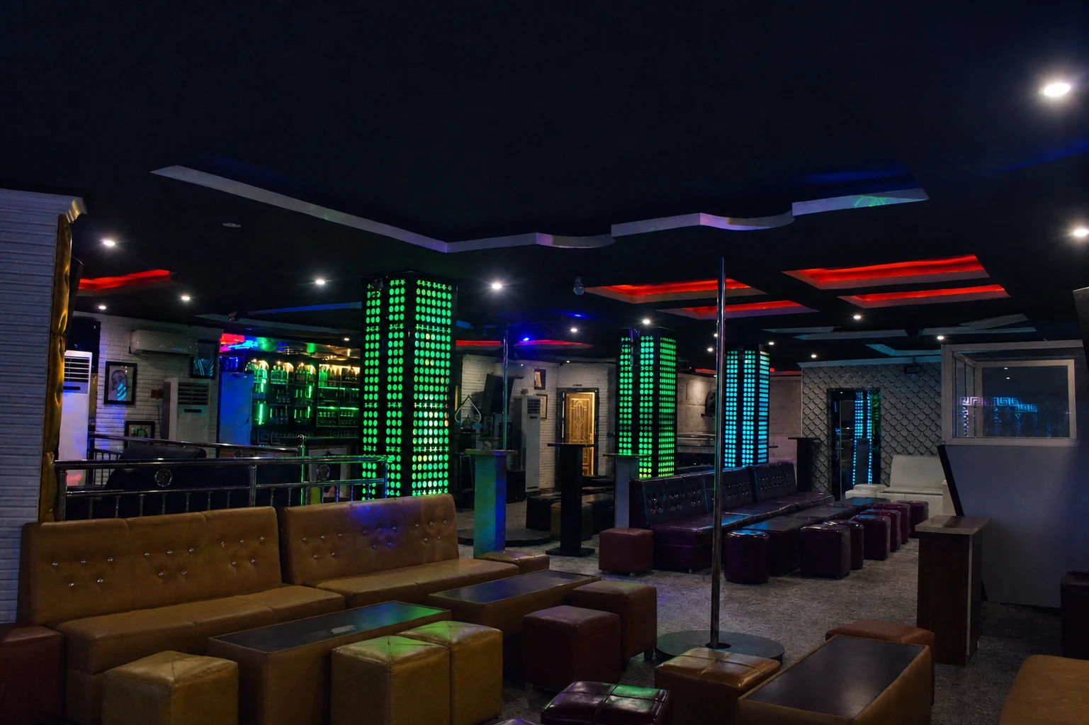 Illuminated columns and seating inside Arcadia's Nightclub